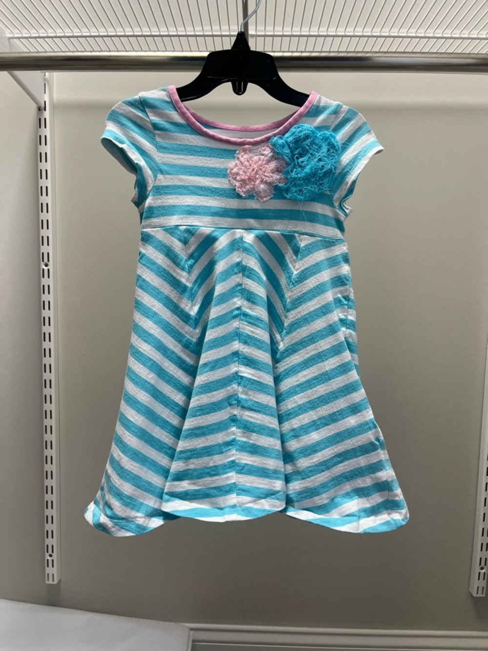 total girl Turquoise, White & Pink Striped Dress with Floral Applique